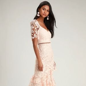 Lulu's Briarwood Blush Pink Lace Ruffled Midi Dress